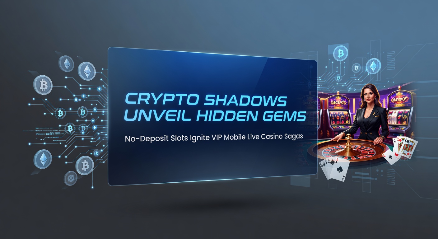 Digital shadows of cryptocurrency coins overlaying vibrant slot reels and mobile casino interfaces, symbolizing hidden opportunities in no-deposit gaming