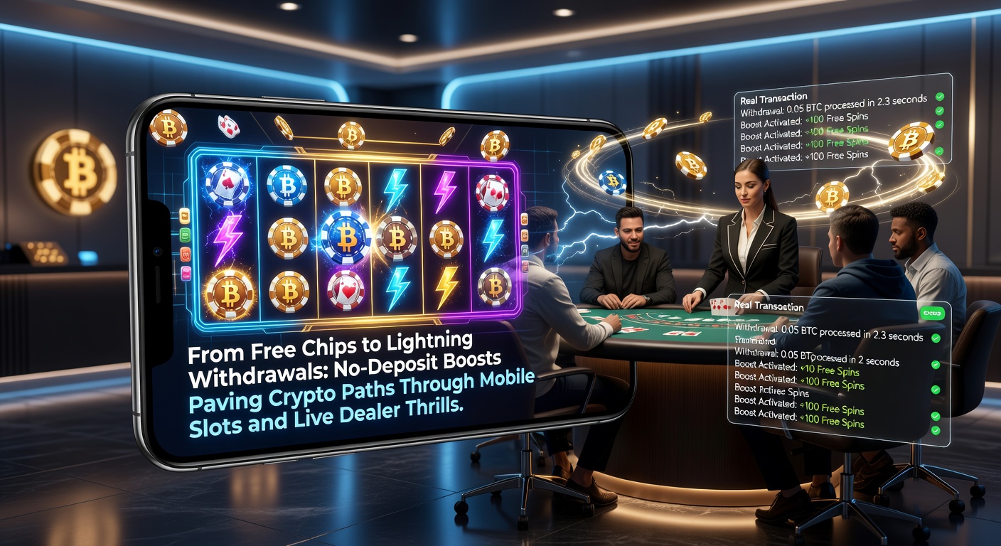 A vibrant mobile screen displaying free chips turning into crypto winnings on slots, with lightning bolt icons symbolizing fast withdrawals