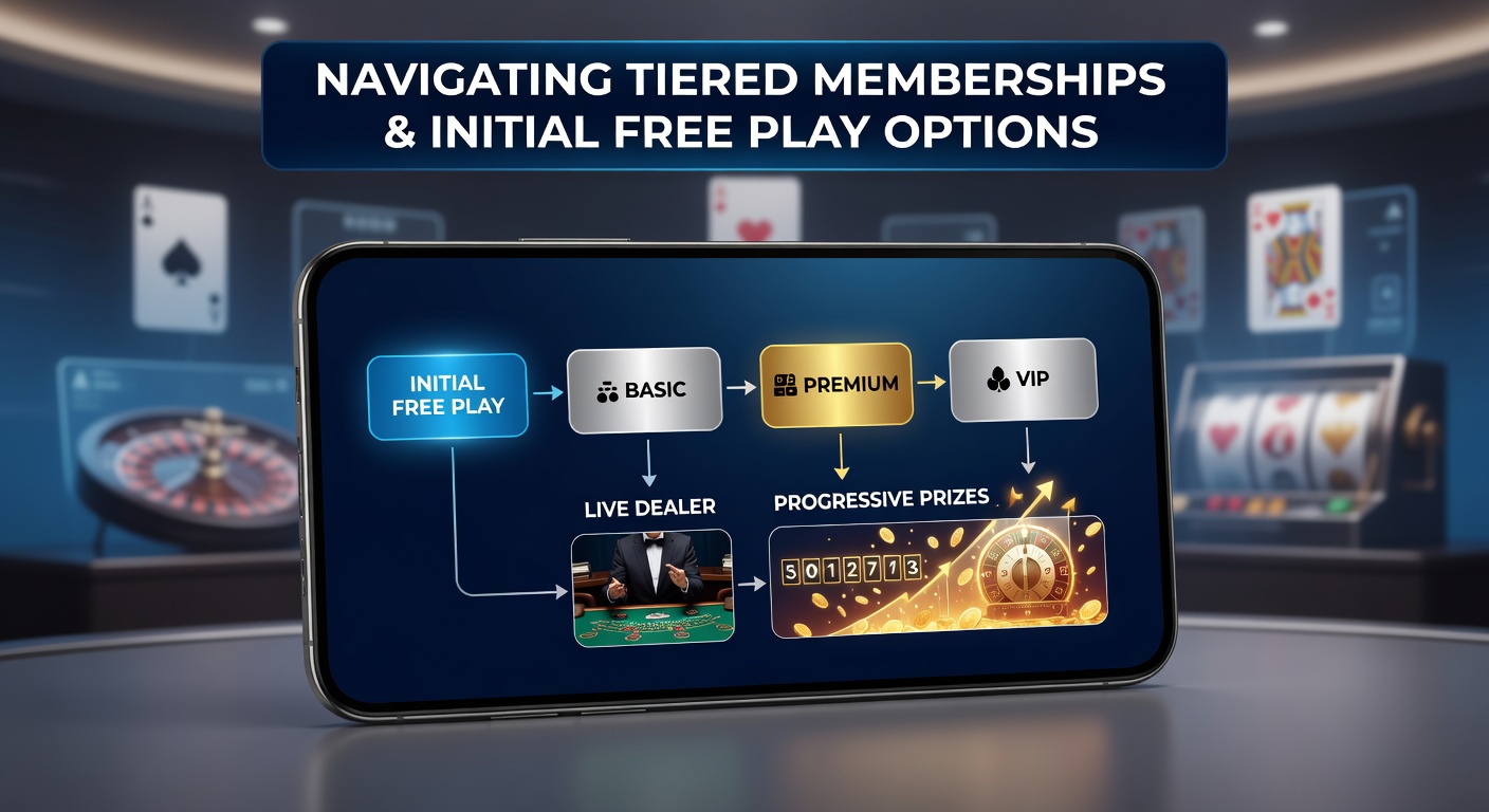 Smartphone screen showing tiered casino membership dashboard with live dealer tables and progressive jackpot indicators