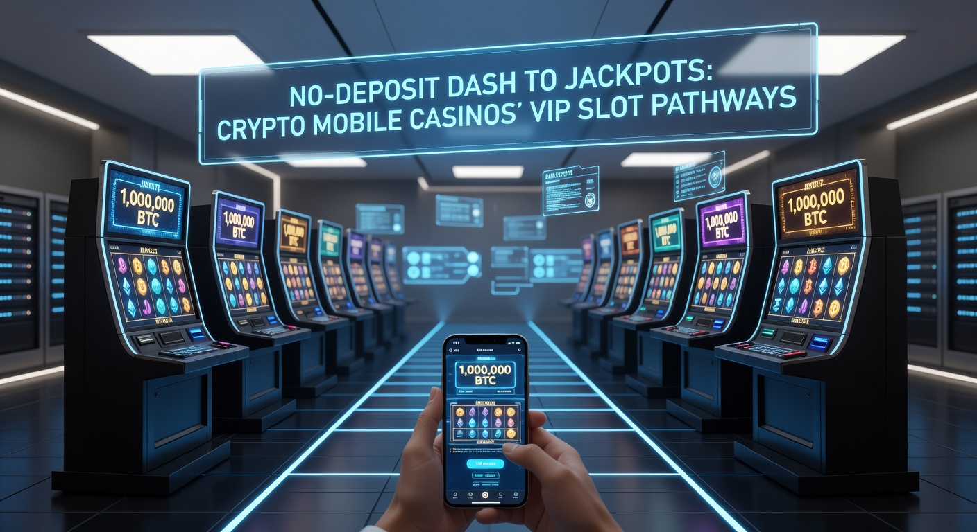 Dynamic mobile interface of a crypto casino displaying no-deposit bonus spins activating on a progressive jackpot slot, with VIP tier icons glowing in the background