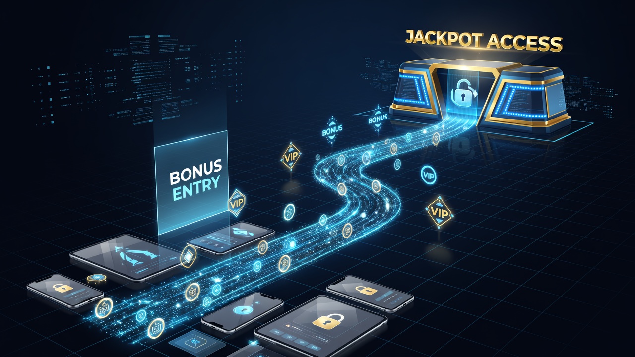 Diagram showing virtual currency flows leading to bonus unlocks and jackpot access points in mobile VIP environments